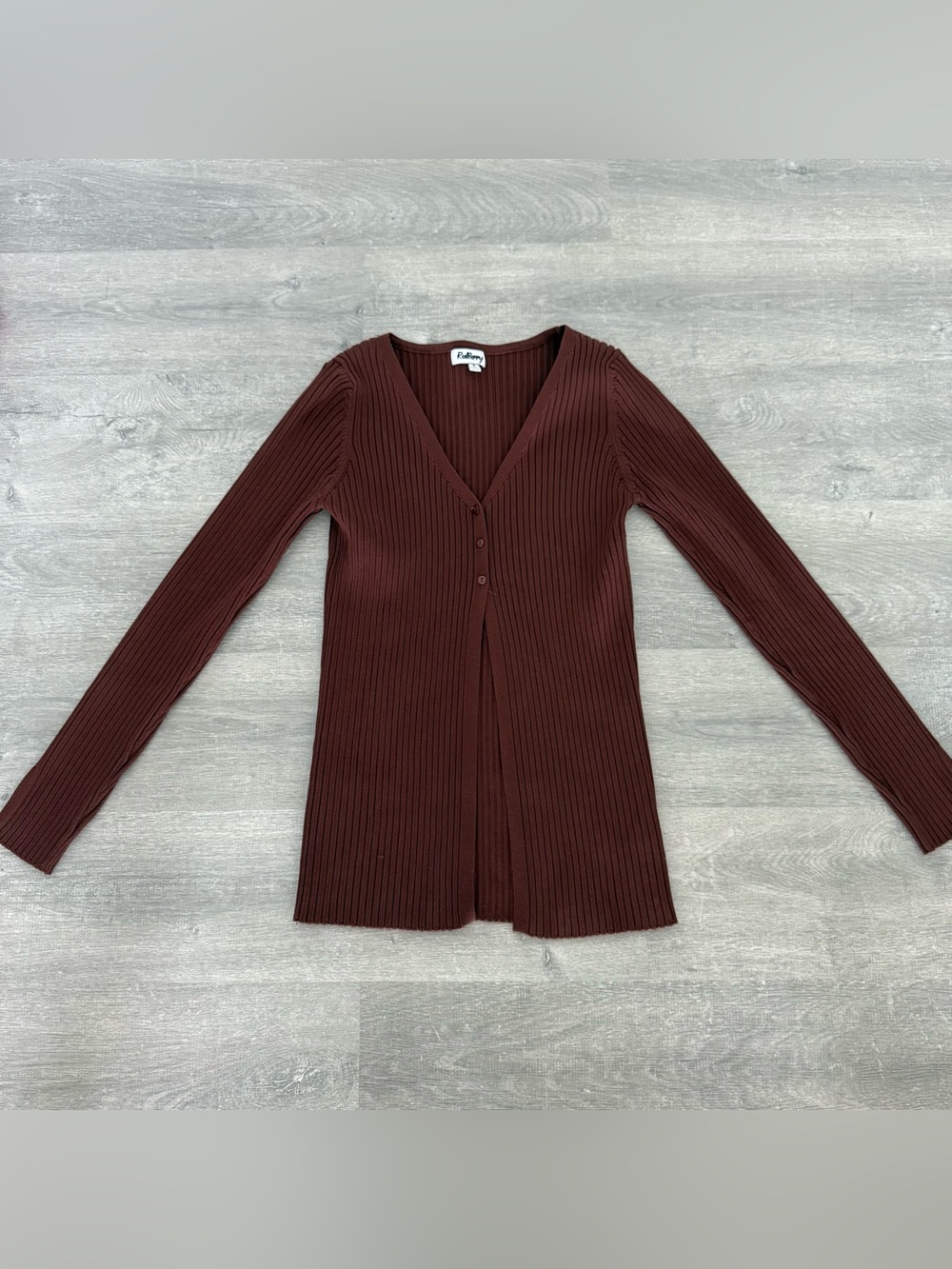 Brown Ribbed V-Neck Button Up Open Sweater Size S